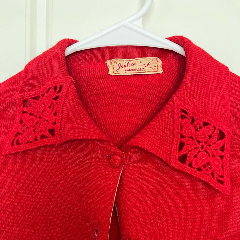 Vintage red cardigan collar detail 1950s